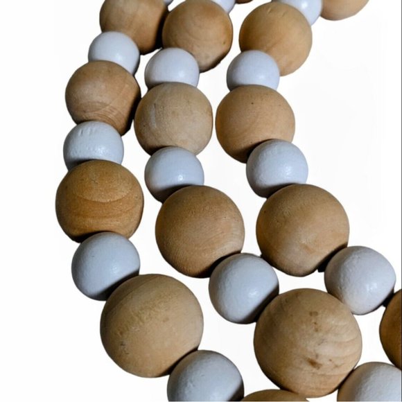 Wooden Bead Garland 74" White And Light Tone On Rope Mantle Accent Approx 2 Yd - Picture 2 of 3